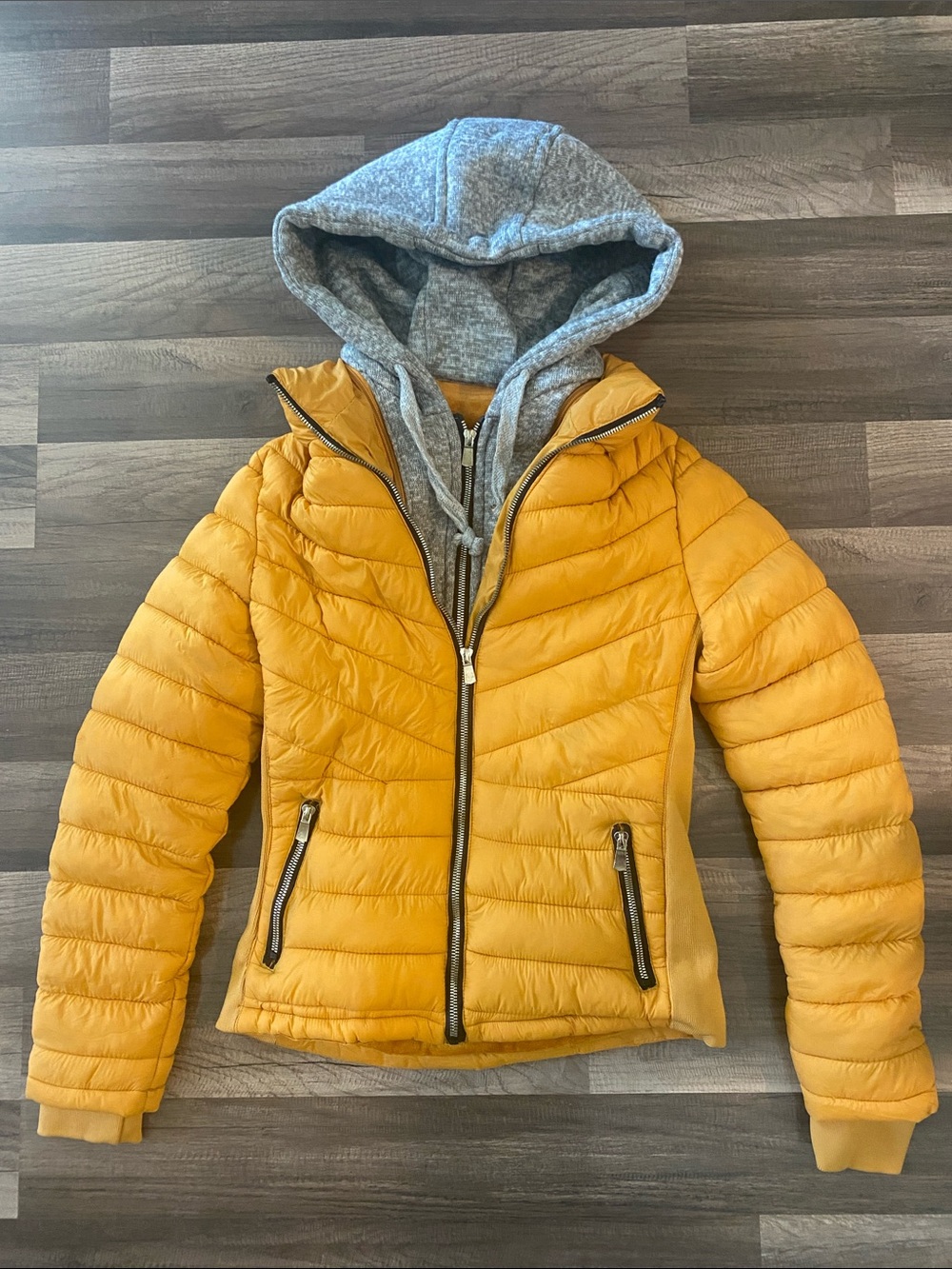 YMI Women’s Small Mustard Yellow Puffer Jacket with Gray Hooded Insert